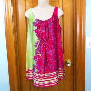 CAbi #103 Floral Blouse Tunic Silk Lime Green/Fuchsia Sleeveless Size Medium